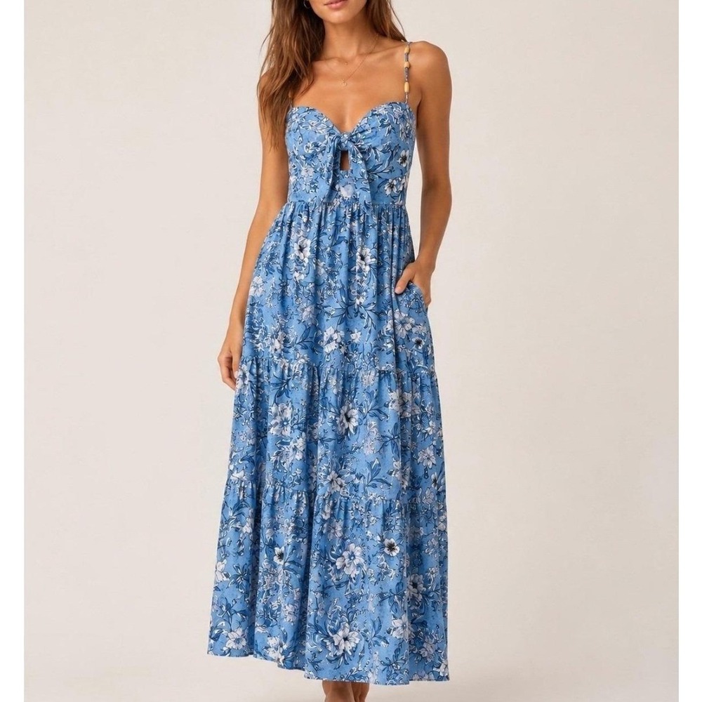 House of Harlow 1960 Blue White Floral Tiered Maxi Dress Tie Front Sweetheart